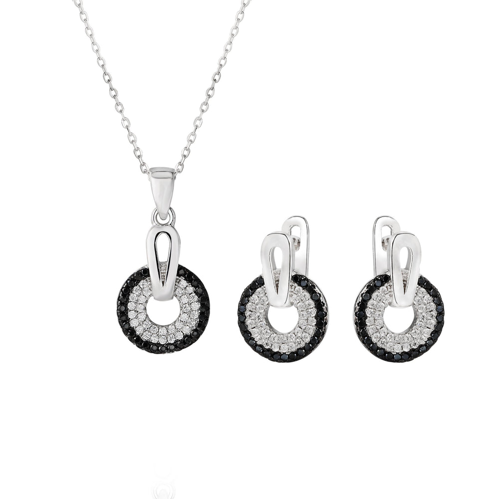 Sienna Black Halo Silver Earrings and Necklace Set with Onyx and Cubic Zirconia Stones