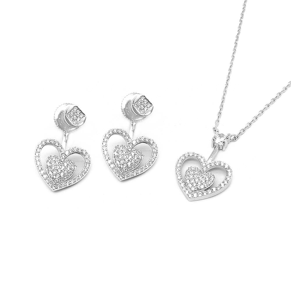 Savannah Pave Heart in Heart Halo Silver Earrings and Necklace Set with Cubic Zirconia 925 Sterling Silver Jewelry Set Philippines | Silverworks