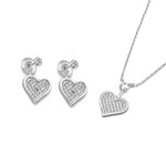 Selena Pave Heart Silver Earrings and Necklace Set with Cubic Zirconia
