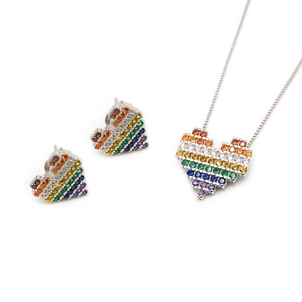 Sky Rainbow Pave Heart Silver Earrings and Necklace Set with Cubic Zirconia 925 Sterling Silver Jewelry Set Philippines | Silverworks
