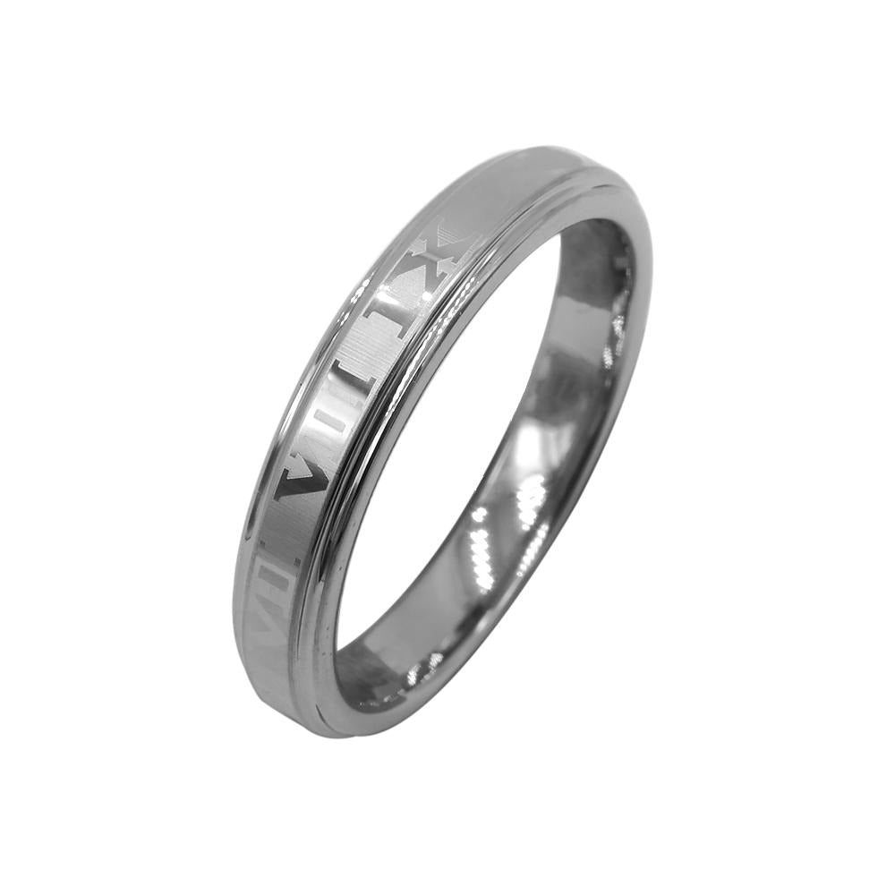 Romantic Roman Numeral Etched Silver Tungsten Ring