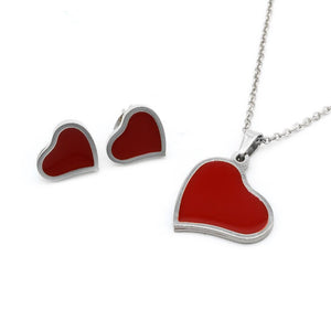 Red Enamel in Slanted Heart Necklace and Earrings Stainless Steel Hypoallergenic Jewelry Set Philippines | Silverworks