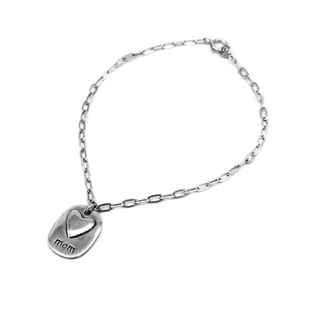 Raja Heart and "Mom" Engraved 925 Sterling Silver Charm Bracelet | SilverWorks