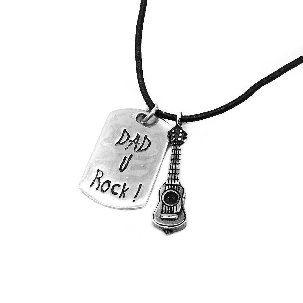 Earnel Dogtag "Dad U Rock" w/ Guitar 925 Sterling Silver Pendant in Wax Tail Necklace | SilverWorks