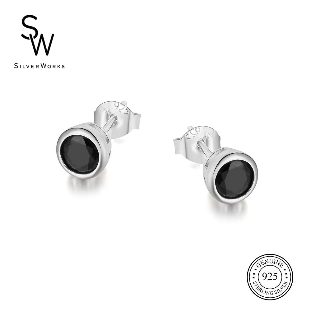Silverworks Black Onyx Round Bezel Earrings - E7132