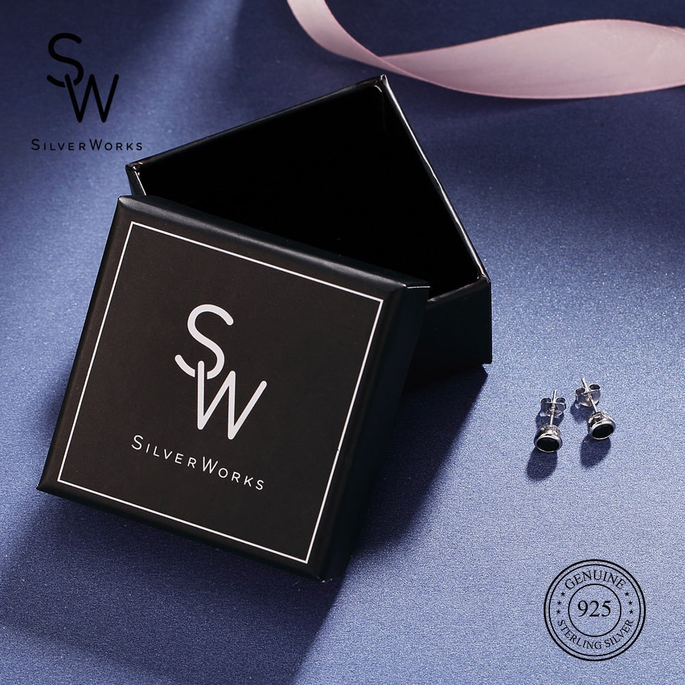 Silverworks Black Onyx Round Bezel Earrings - E7132