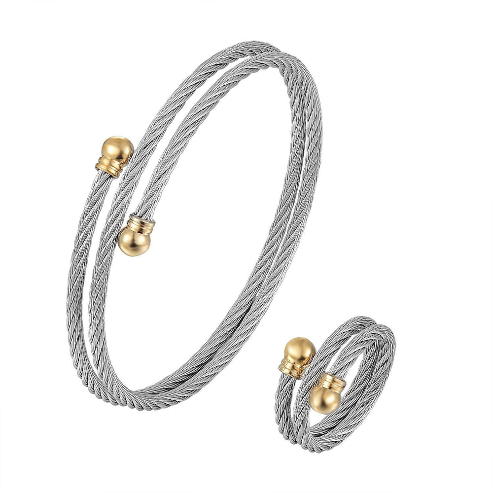 Double Twisted Bangle and Ring Set with Round Gold Plated End