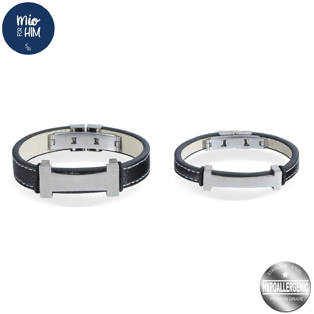 Harper Matte ID Bar Stainless Steel in Black Leather Bracelet | SilverWorks