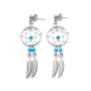 
                
                    Load image into Gallery viewer, Magi Dreamcatcher with 2 Feathers Stainless Steel Hypoallergenic Drop Earrings Philippines | Silverworks
                
            