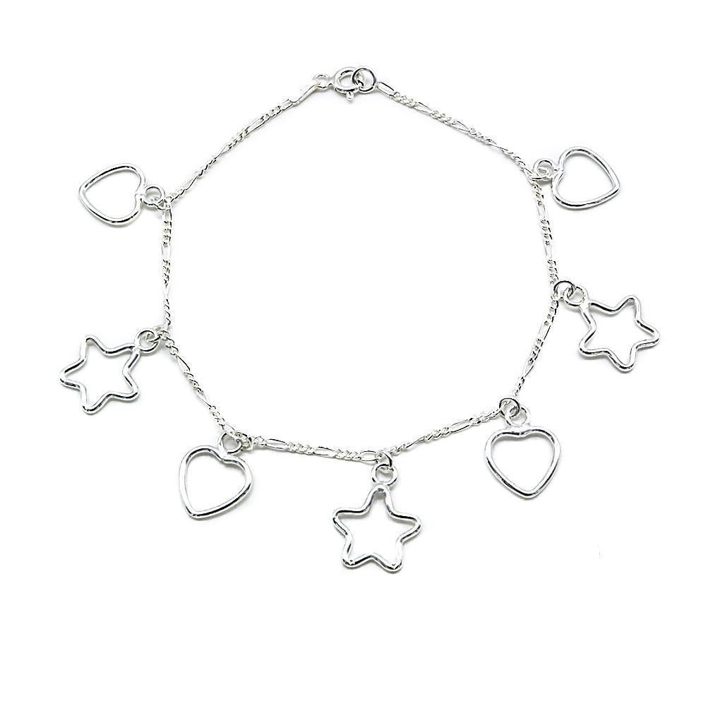 Thin Figaro Chain Bracelet with Drop Open Heart and Star