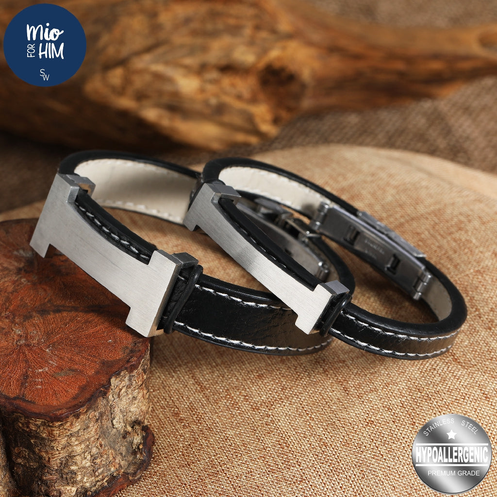Harper Matte ID Bar Stainless Steel in Black Leather Bracelet | SilverWorks