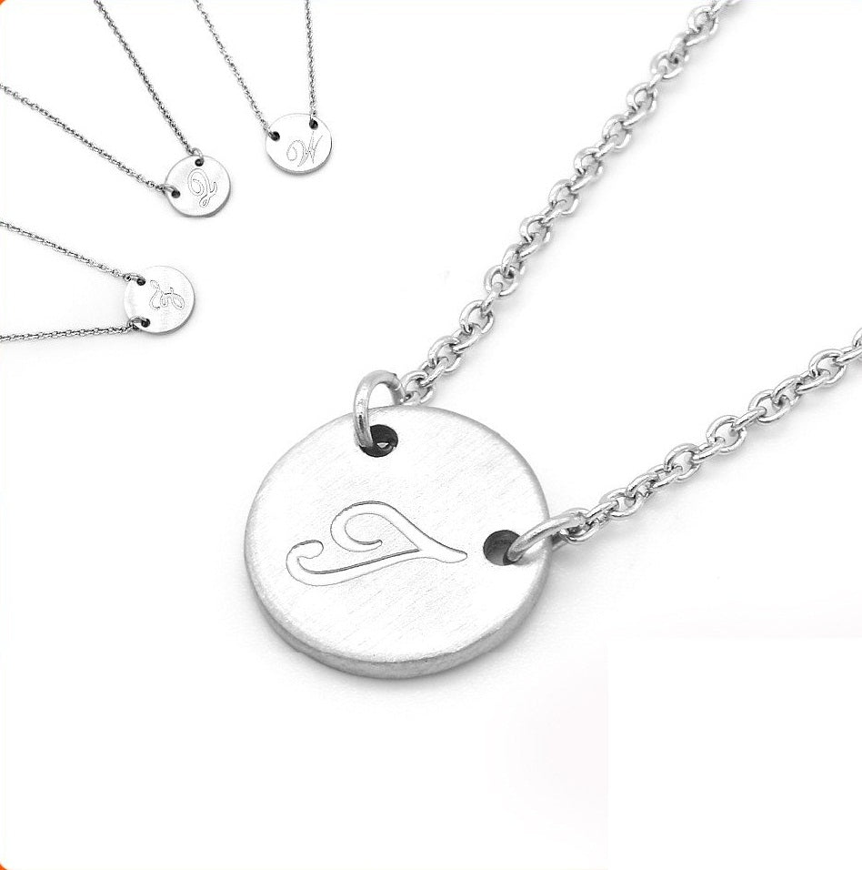 
                
                    Load image into Gallery viewer, Round Plate Letter Pendant in 19&amp;quot; Rolo Chain Stainless Steel Hypoallergenic Necklace Philippines | Silverworks
                
            