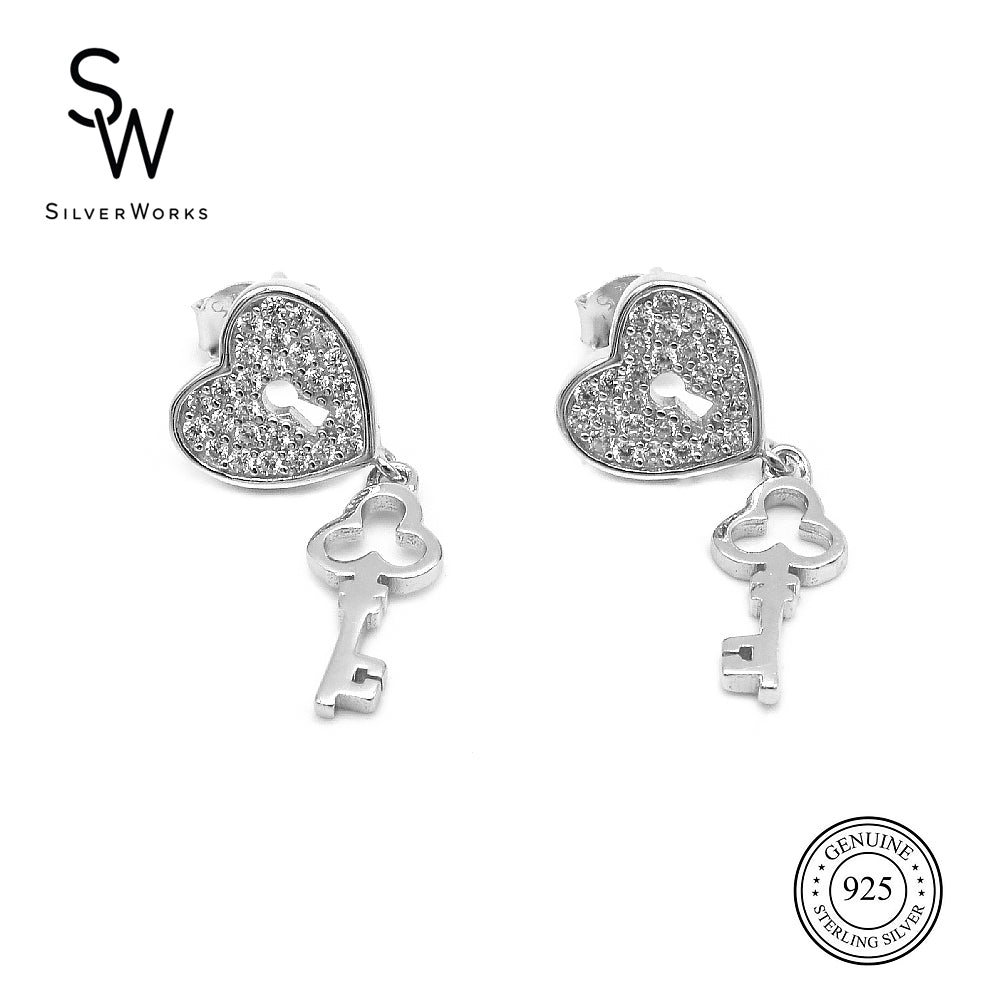 Silverworks E7309 Heart Lock with Dangling Key Earrings
