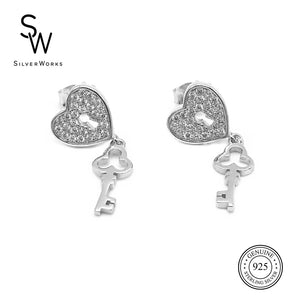 Silverworks E7309 Heart Lock with Dangling Key Earrings