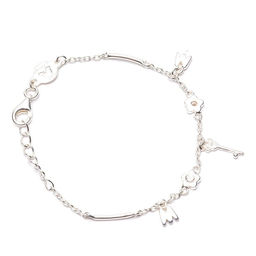 Mickey, Flower & Letter 925 Sterling Silver Charm Bracelet | SilverWorks