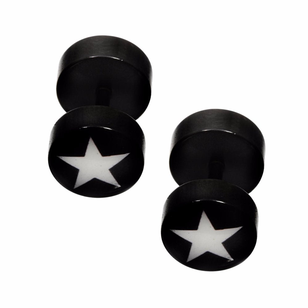 Black Faux Tunnel Earrings with White Star Stainless Steel Hypoallergenic Philippines | Silverworks