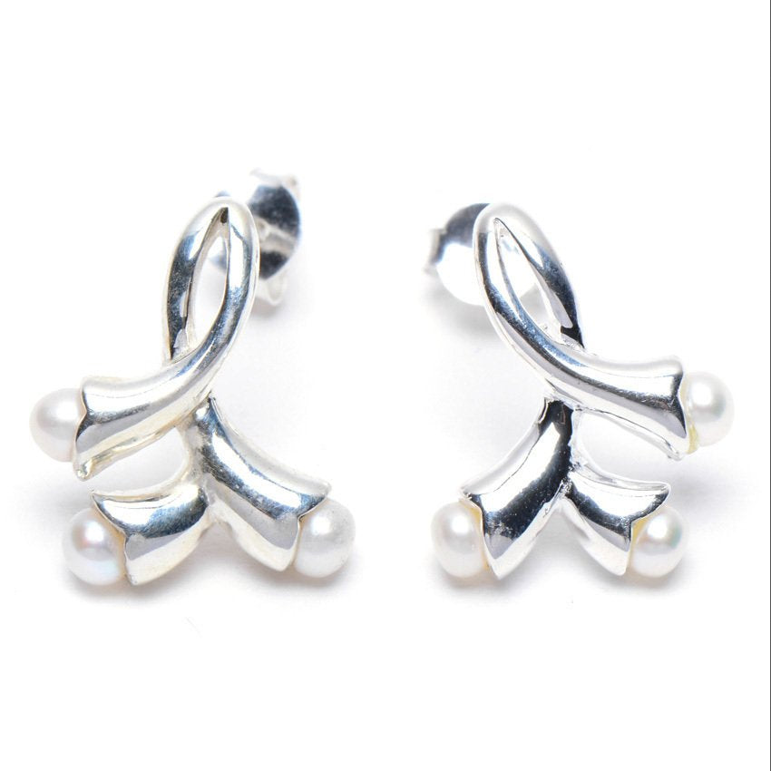 Ribbon with Three Pearl 925 Sterling Silver Stud Earrings Philippines | Silverworks