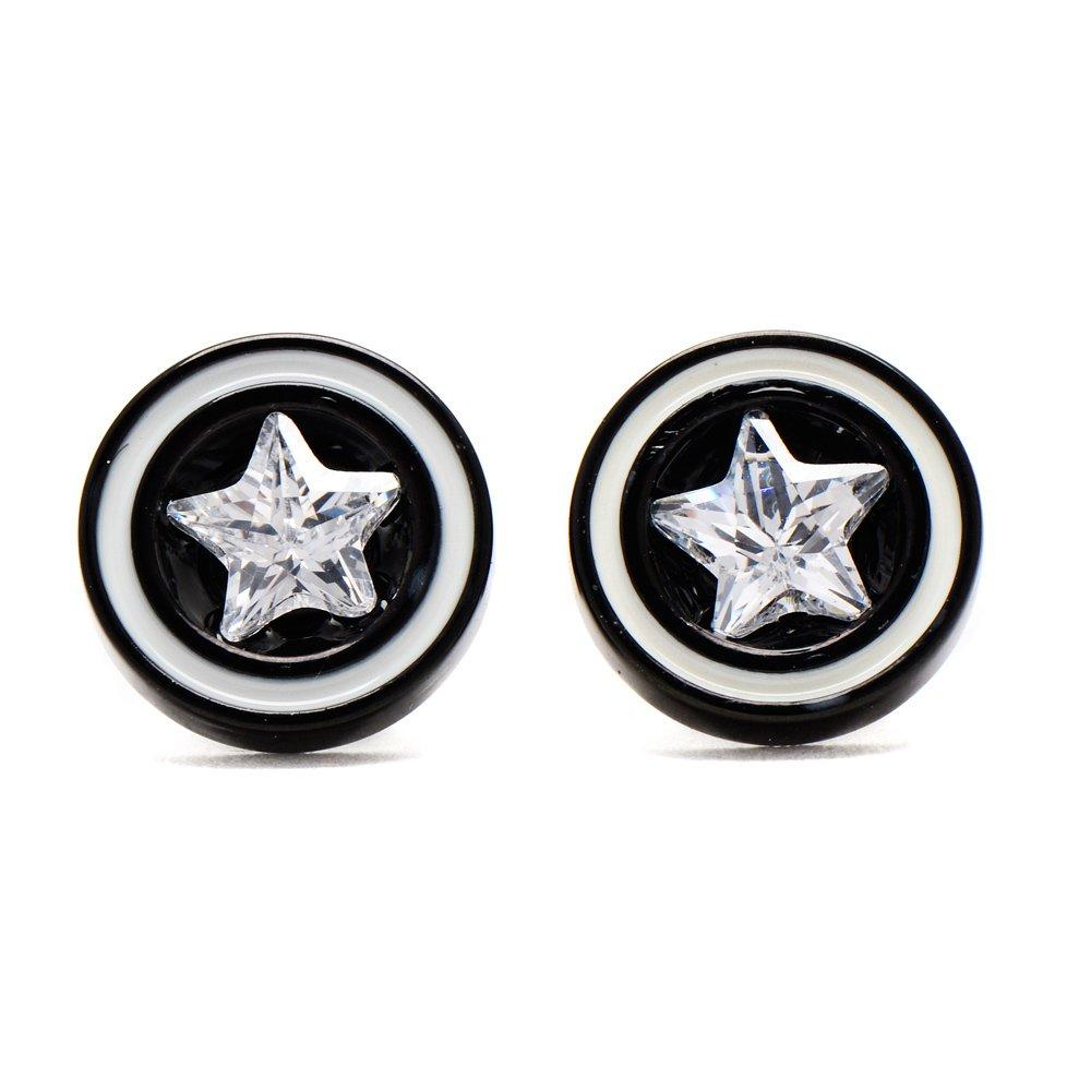 Elen Black Round Star Faux Tunnel Stainless Steel Stud Earrings | Silverworks