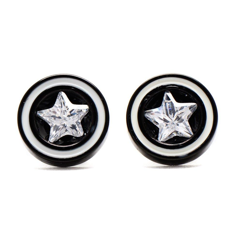 Black Round Stainless Steel Hypoallergenic Faux Tunnel Earrings with Star CZ Philippines | Silverworks