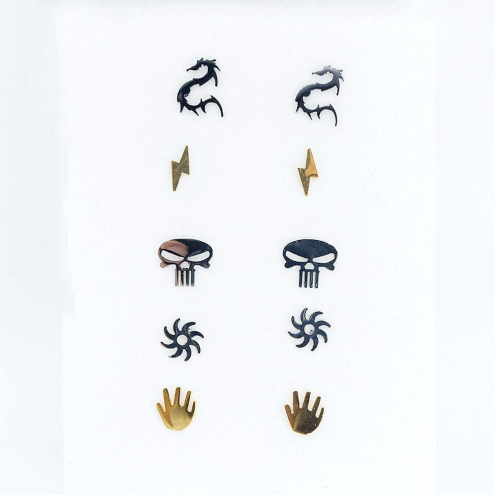 Set of Dragon,  Thunder,  Hand,  Skull and Sun Stud Earrings