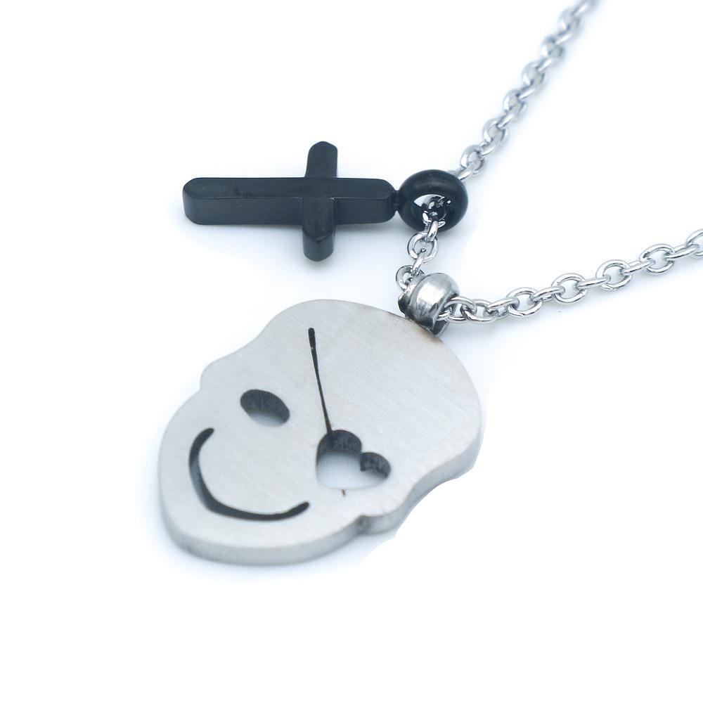Blair Heart Eyepatch Face w/ Black Cross Stainless Steel Pendant Necklace | Silverworks 