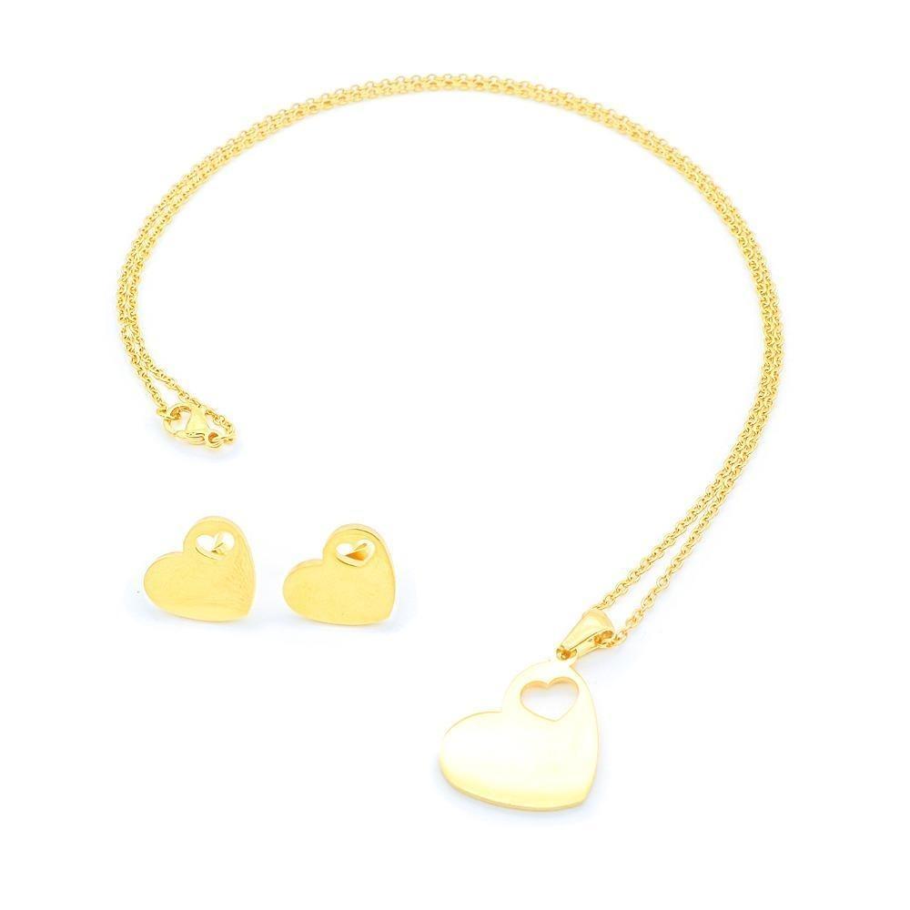 Gold Plain Heart with Cutout Heart Earrings and Necklace Set