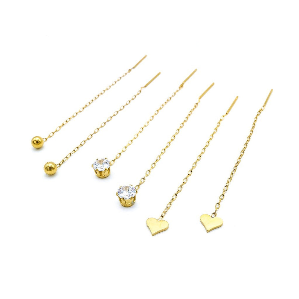 3 Pairs of 18k Gold Plated Drop 6mm Long Chain Earrings with Ball,  Round Cubic Zirconia and Heart Design