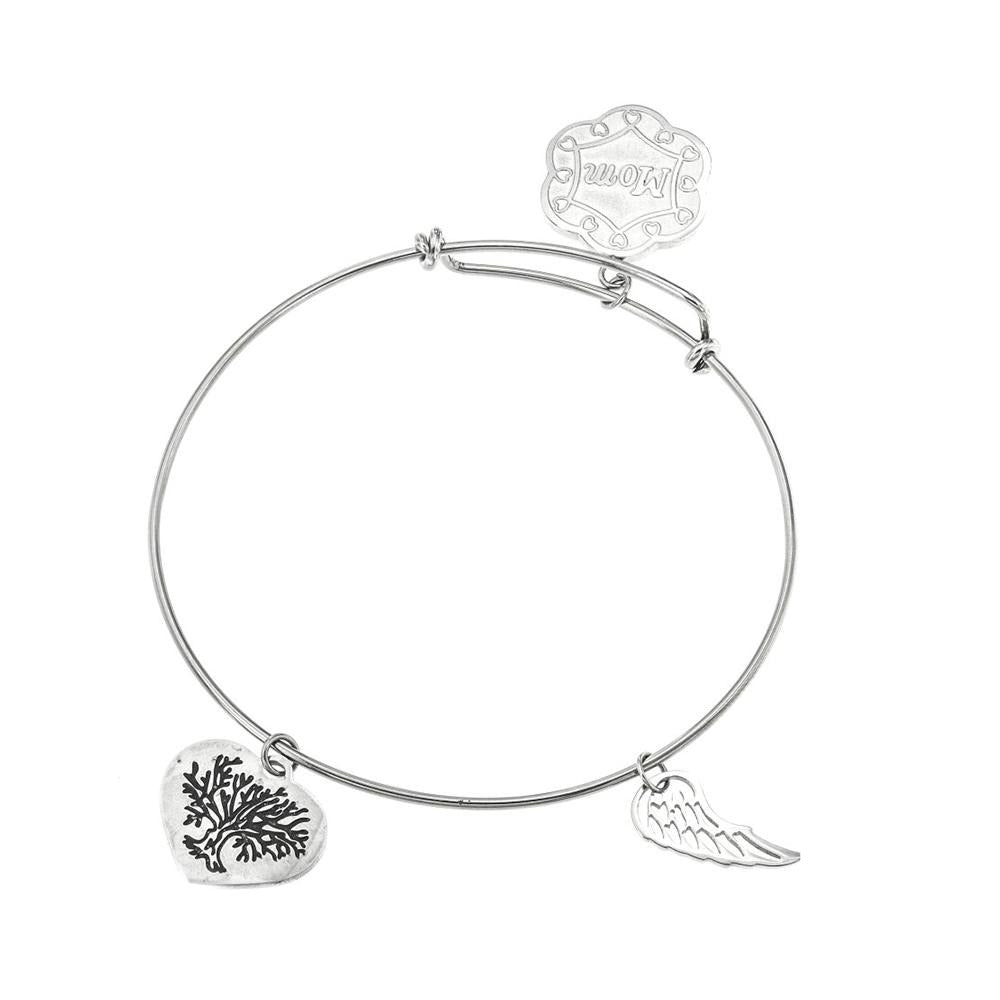 Kiara "Mom", Tree of Life & Wings Stainless Steel Charm Bangle Bracelet | SilverWorks