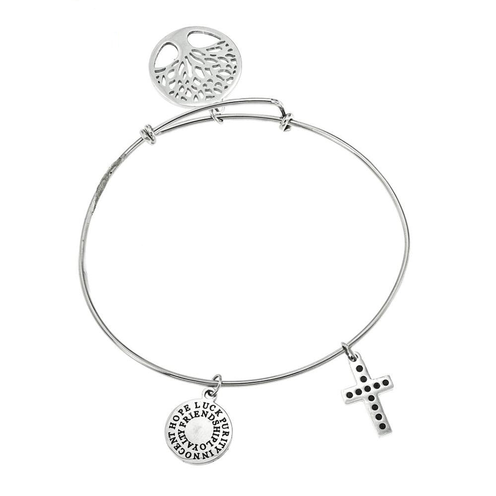 Isa Round, Cross & Tree of Life Stainless Steel Charm Bangle Bracelet | SilverWorks