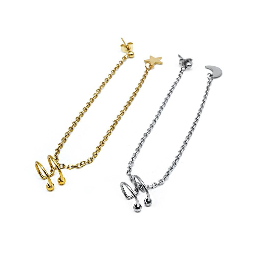 Myka Mismatched Moon & Star Stainless Steel Dangling Cuff Earrings | SilverWorks