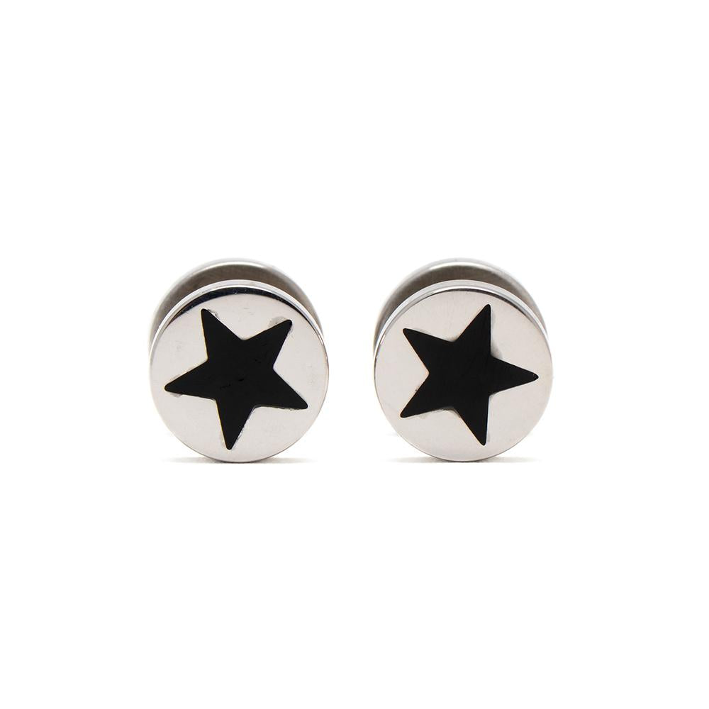 Polished Fake Tunnel Earrings with Black Enamel Star