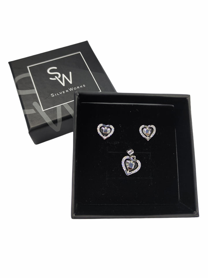 Silverworks Set of Charm and Earrings Heart cut out in Halo Heart with Cubic Zirconia - S716